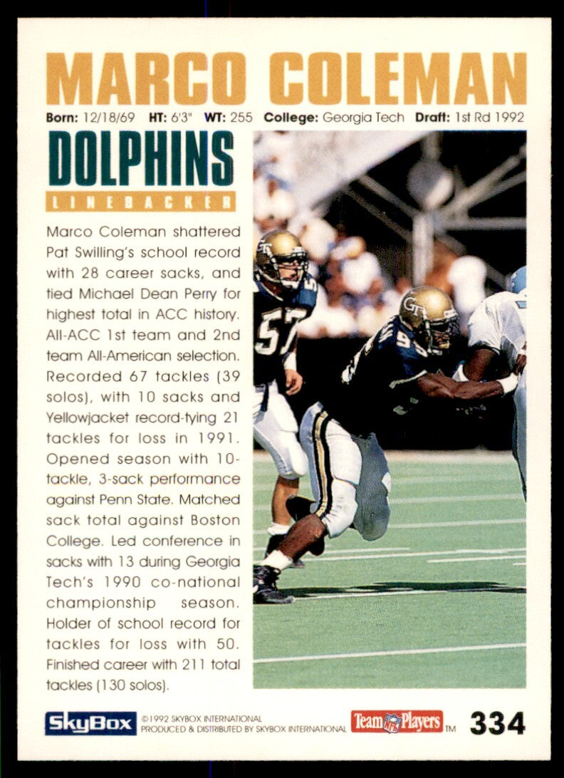 1992 SkyBox Marco Coleman Rookie Miami Dolphins #334