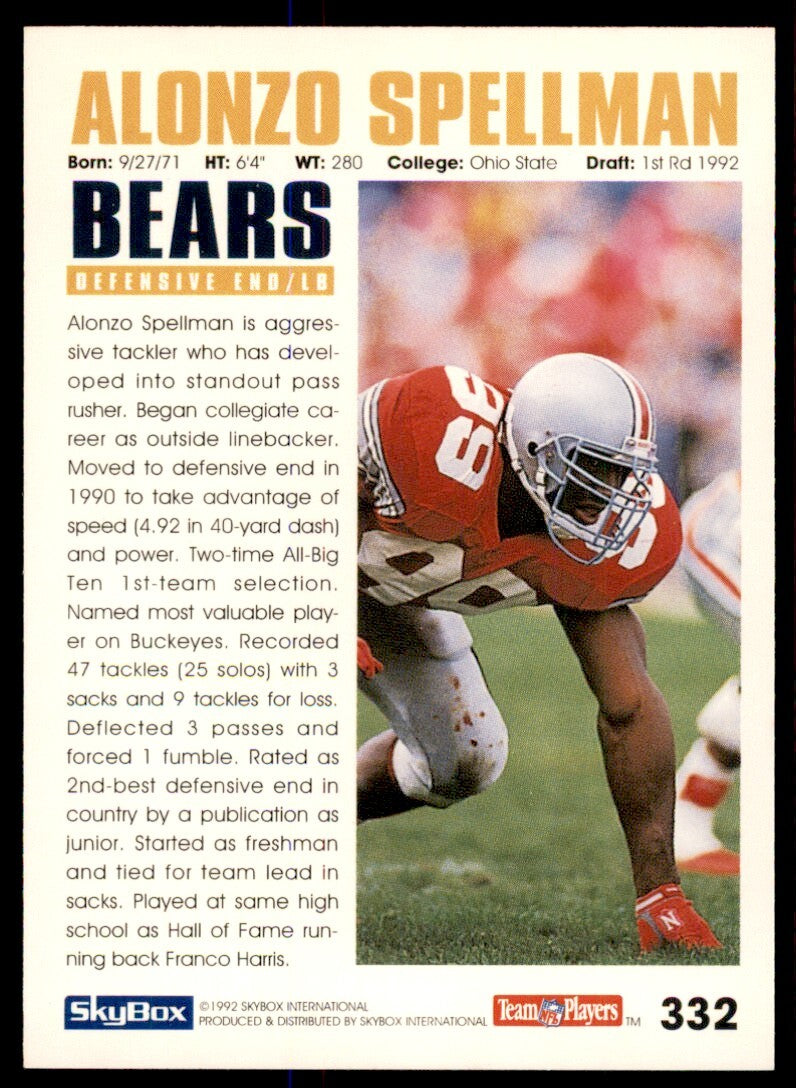 1992 SkyBox Alonzo Spellman Rookie Chicago Bears #332