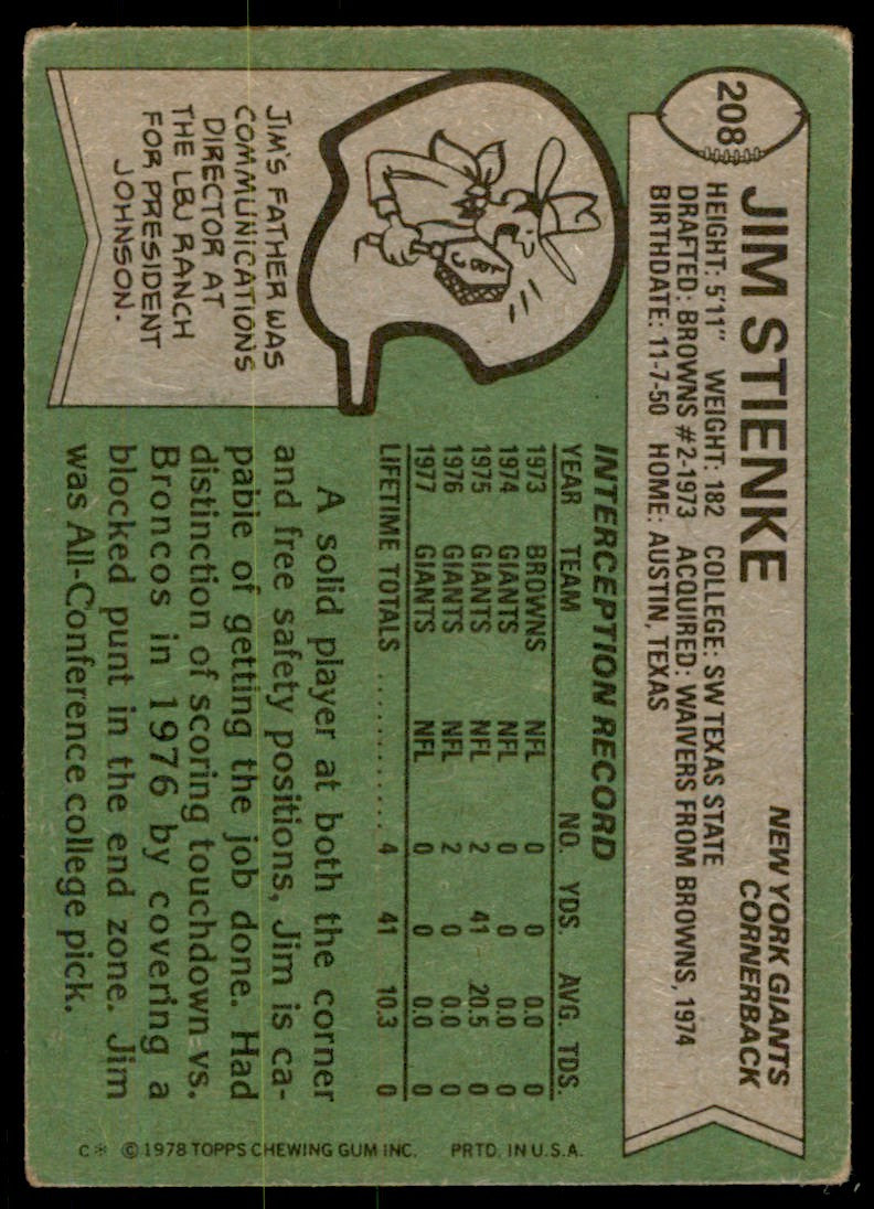 1978 TOPPS JIM STIENKE NEW YORK GIANTS #208