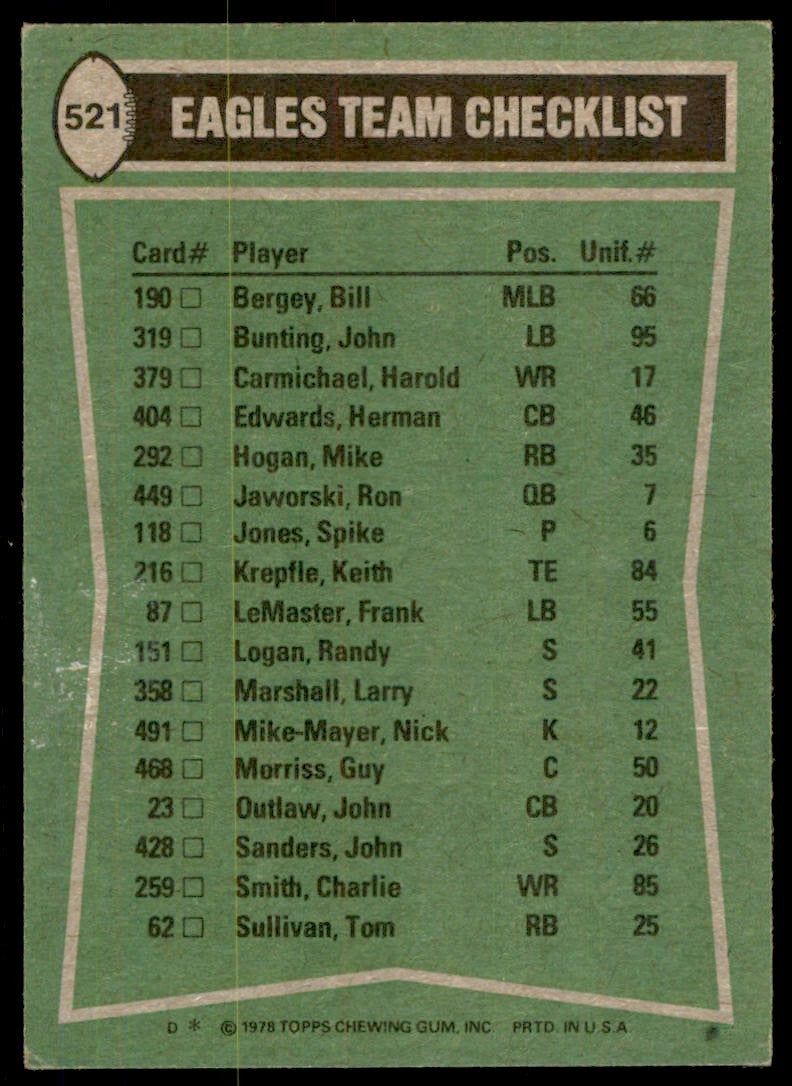 1978 TOPPS MIKE HOGAN/HAROLD CARMICHAEL/HERMAN EDWARDS/JOHN SANDERS/LEM BURNHAM