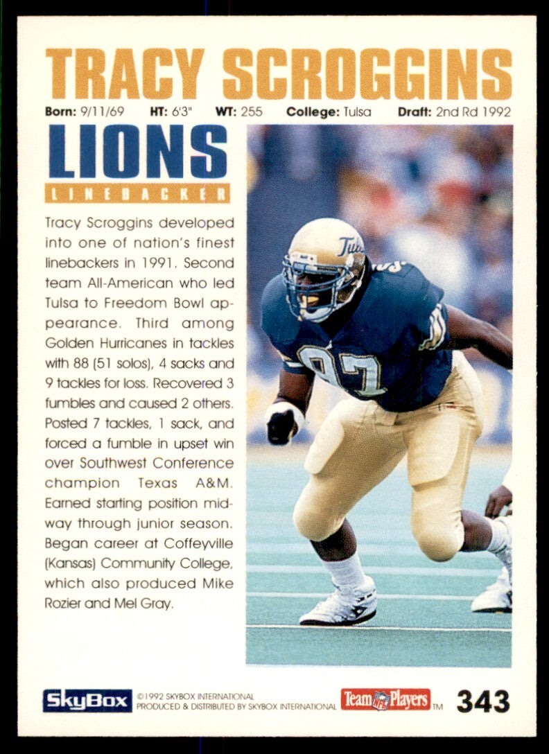 1992 SkyBox Tracy Scroggins Rookie Detroit Lions #343