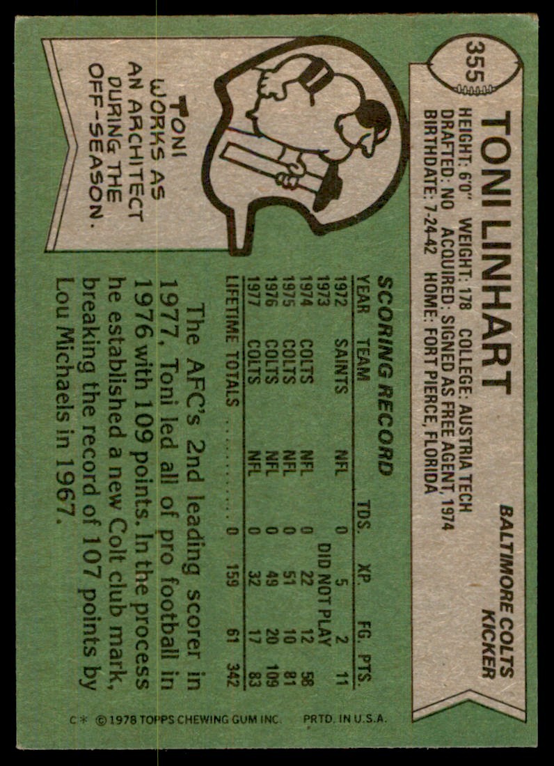1978 TOPPS TONI LINHART BALTIMORE COLTS #355