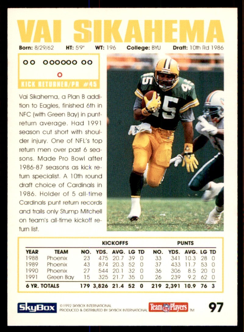 1992 SkyBox Vai Sikahema Green Bay Packers #97