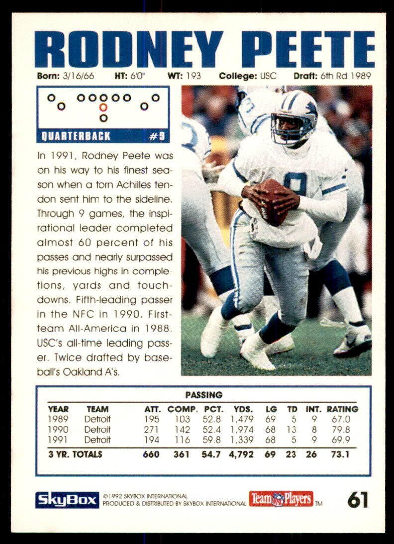 1992 SkyBox Rodney Peete Detroit Lions #61