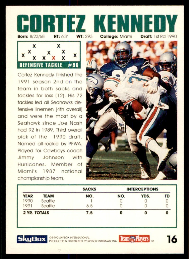1992 SkyBox Cortez Kennedy Seattle Seahawks #16