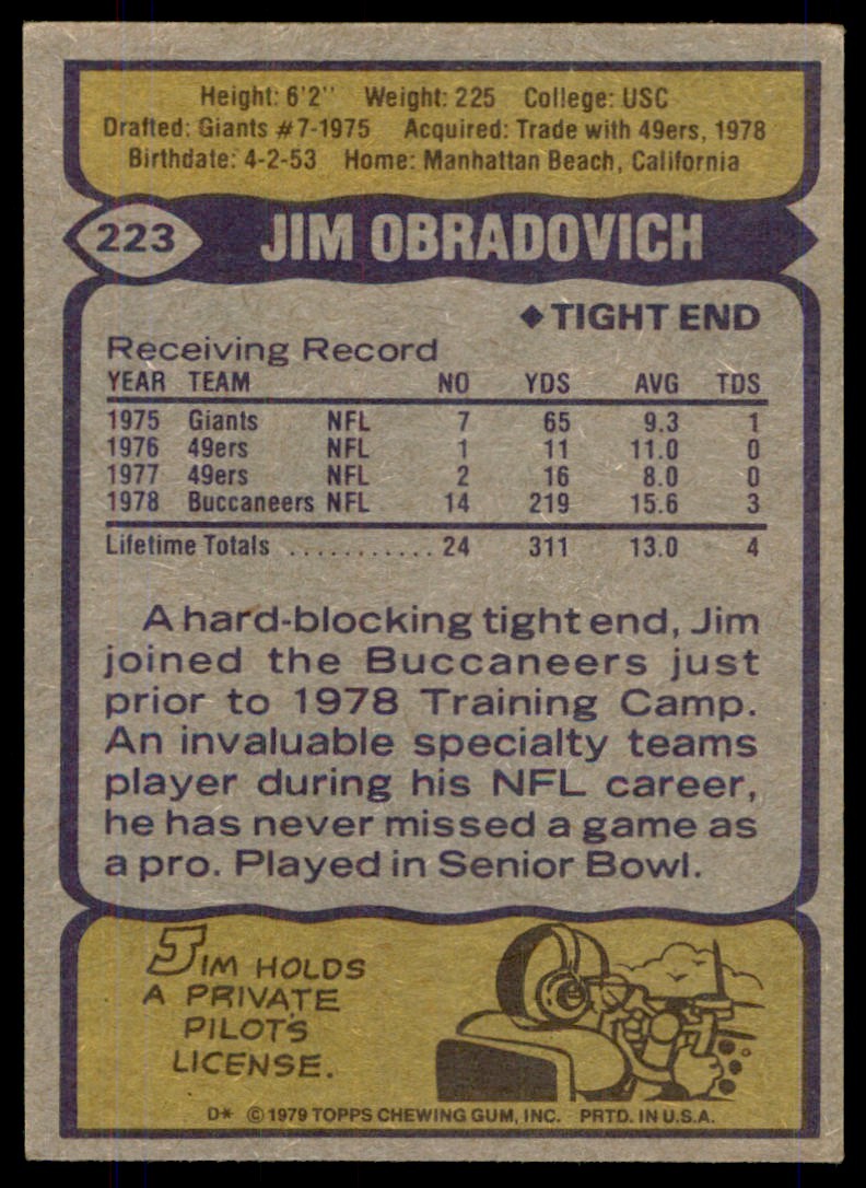 1979 TOPPS JIM O'BRADOVICH TAMPA BAY BUCCANEERS #223