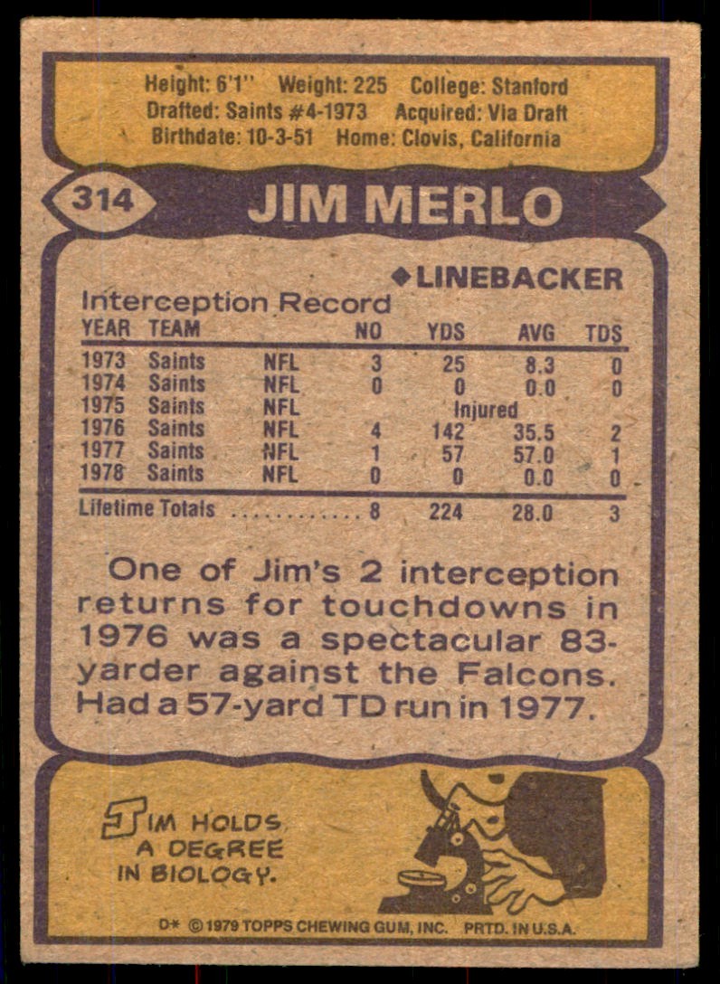 1979 TOPPS. JIM MERLO NEW ORLEANS SAINTS #314