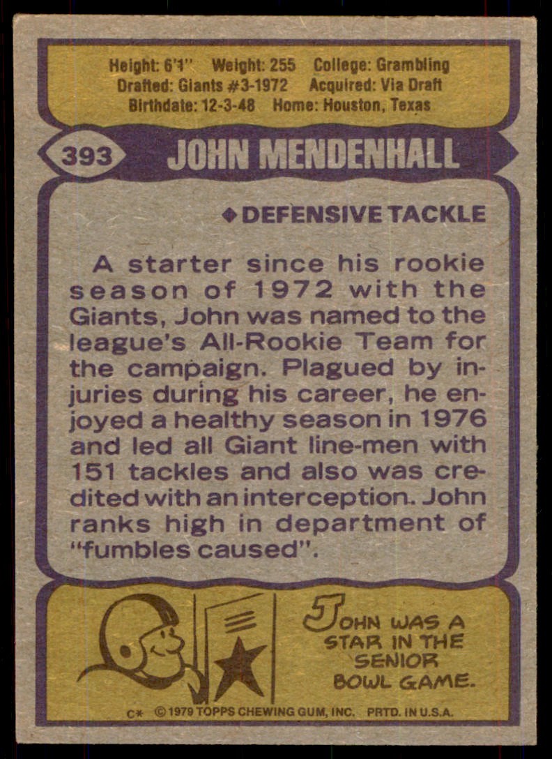 1979 TOPPS JOHN MENDENHALL NEW YORK GIANTS #393
