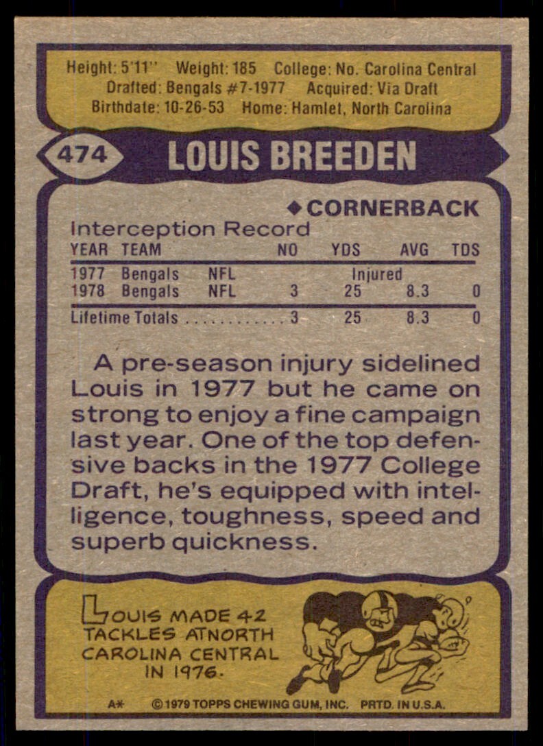 1979 TOPPS LOUIS BREEDEN CINCINNATI BENGALS #474