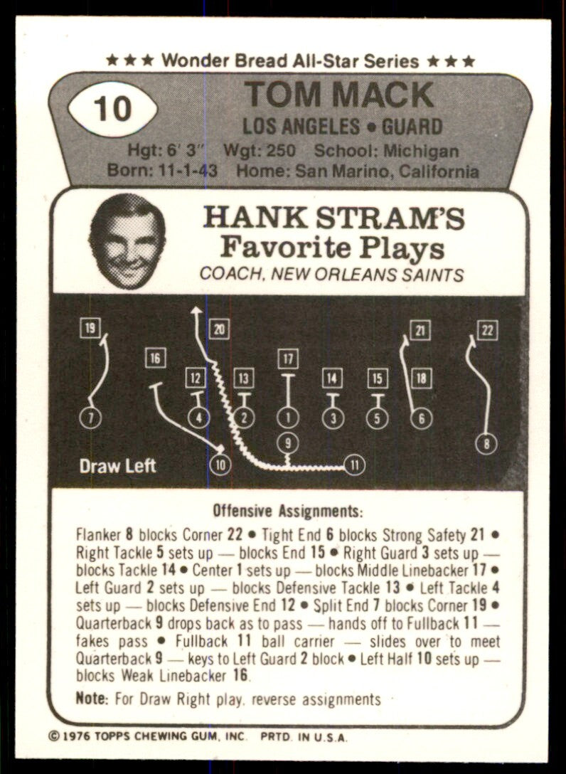 1976 Topps Wonder Bread. Tom Mack . Los Angeles Rams #10