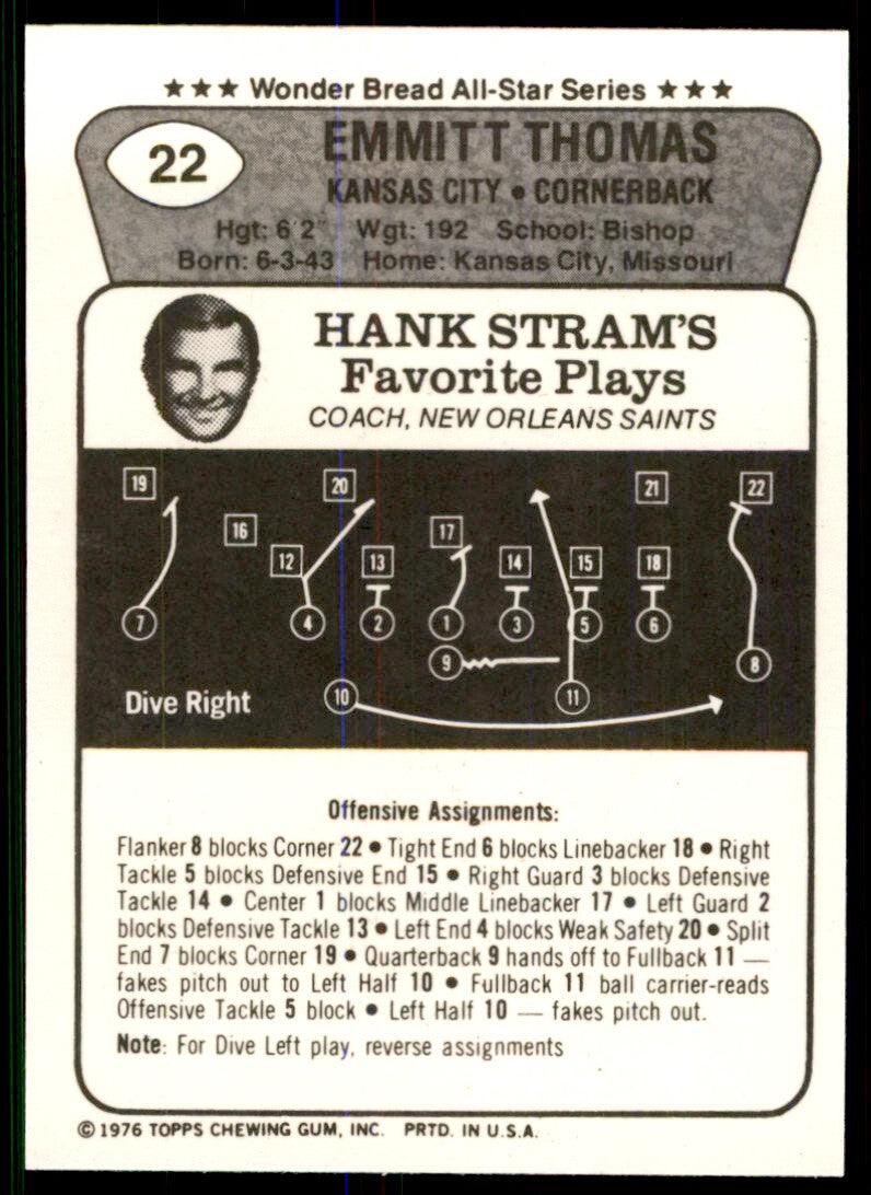1976 Topps Wonder Bread. Emmitt Thomas . Kansas City Chiefs #22