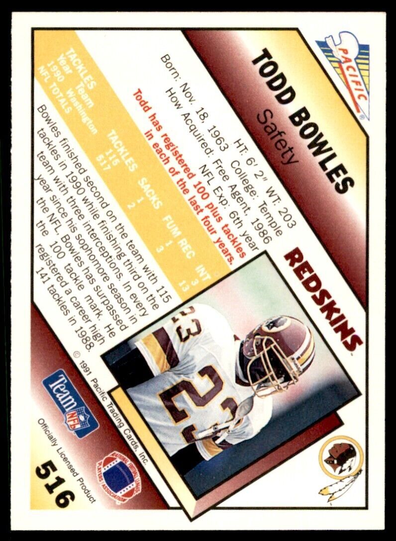 1991 Pacific. Todd Bowles . Washington Redskins #516