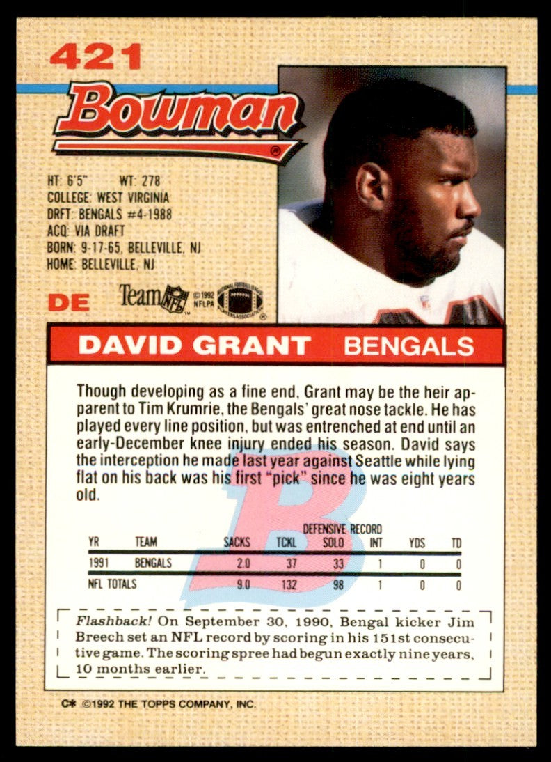 1992 BOWMAN* DAVID GRANT CINCINNATI BENGALS #421