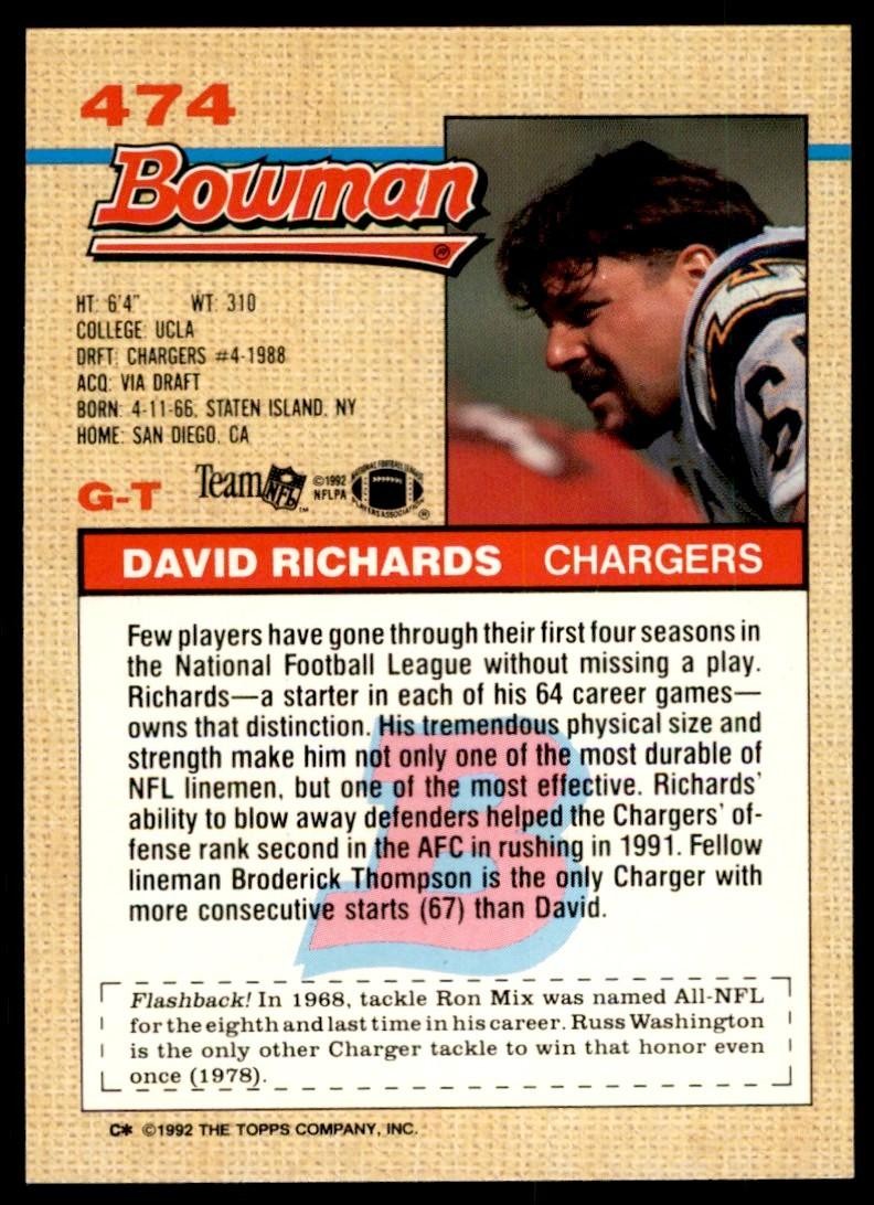 1992 BOWMAN DAVID RICHARDS SAN DIEGO CHARGERS #474