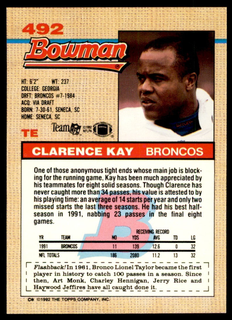 1992 BOWMAN CLARENCE KAY DENVER BRONCOS #492