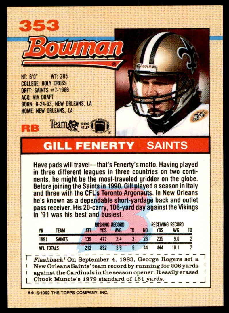 1992 Bowman. Gill Fenerty New Orleans Saints #353