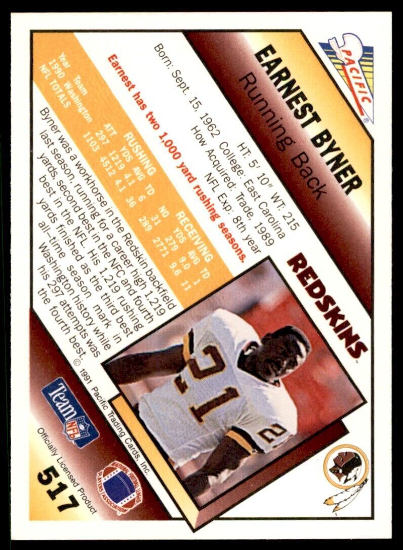 1991 Pacific. Earnest Byner Washington Redskins #517