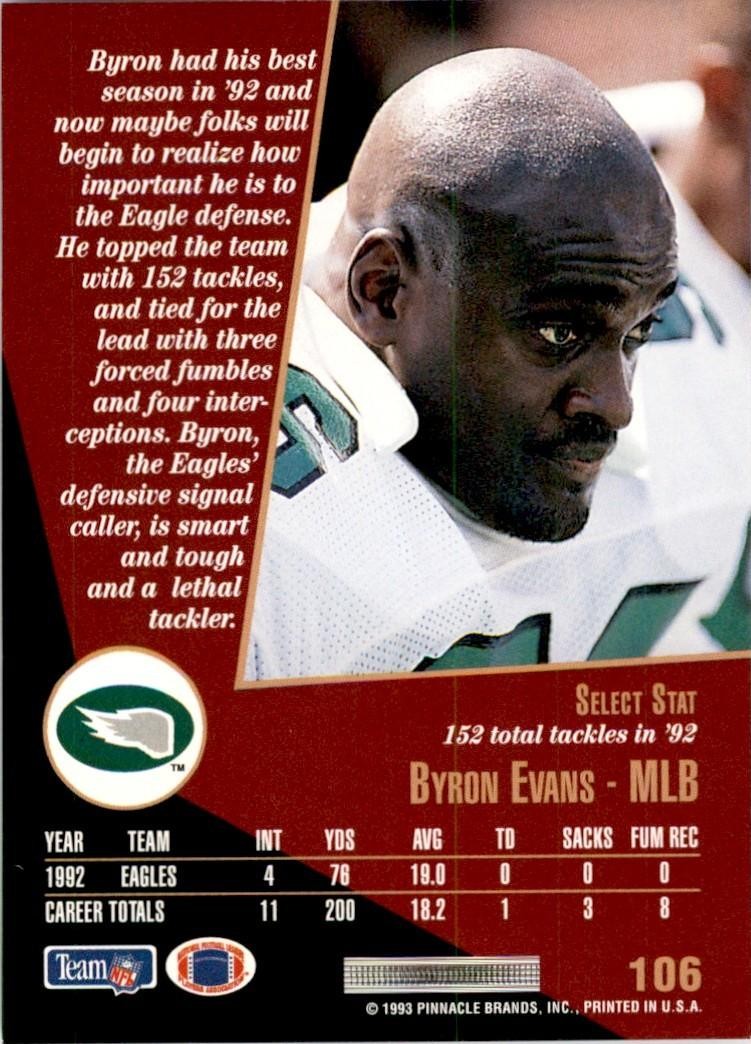 1993 SCORE SELECT BYRON EVANS PHILADELPHIA EAGLES #106