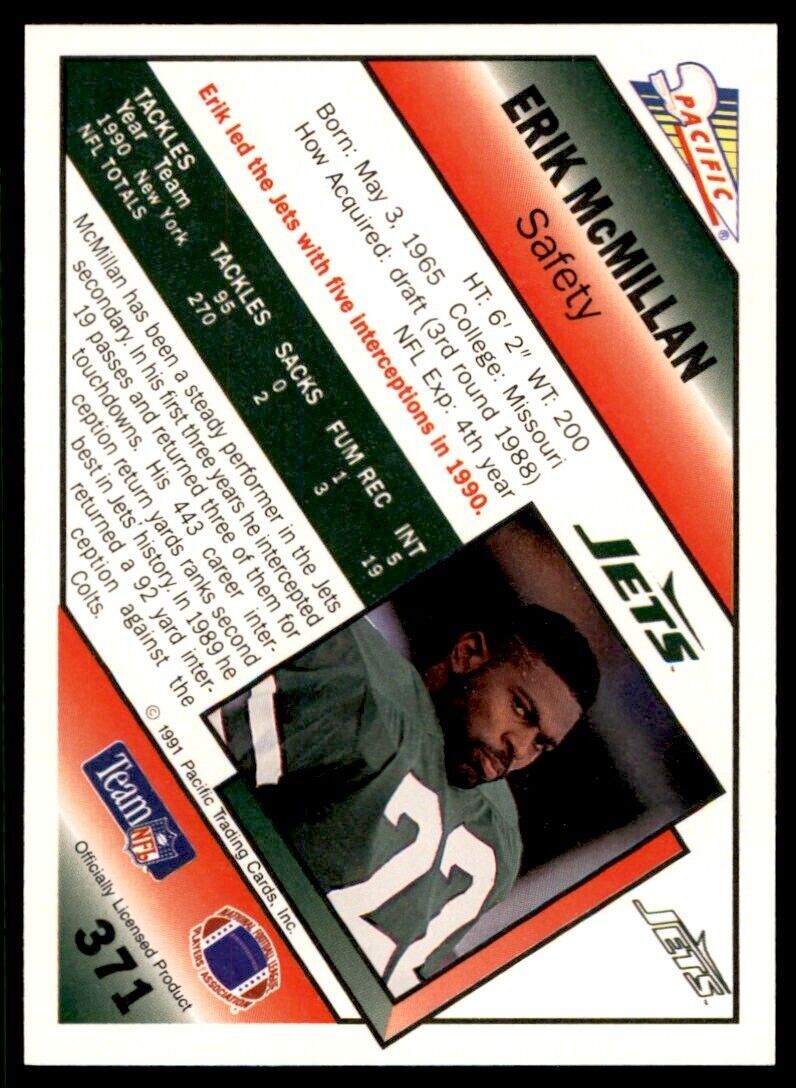 1991 Pacific. Erik McMillan New York Jets #371