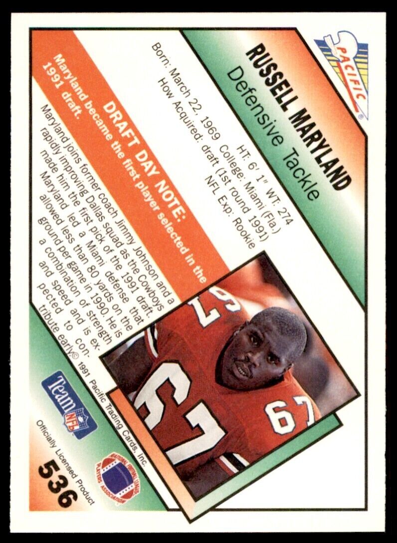1991 Pacific. Russell Maryland Rookie . Dallas Cowboys #536