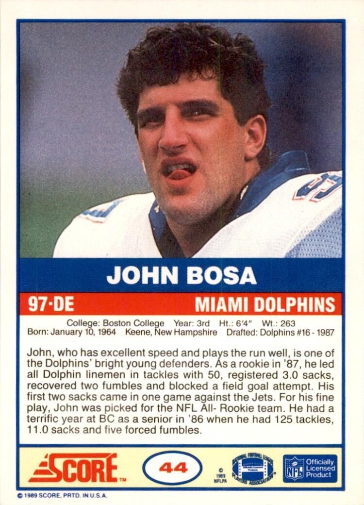1989 SCORE JOHN BOSA MIAMI DOLPHINS #44