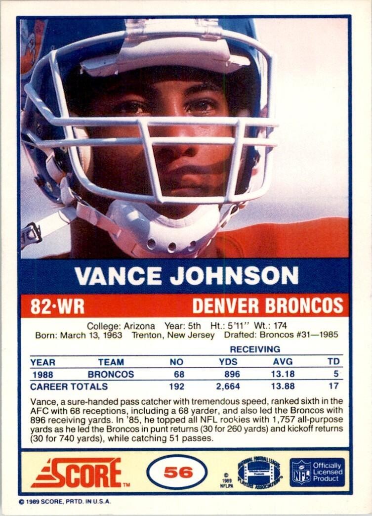 1989 SCORE VANCE JOHNSON DENVER BRONCOS #56