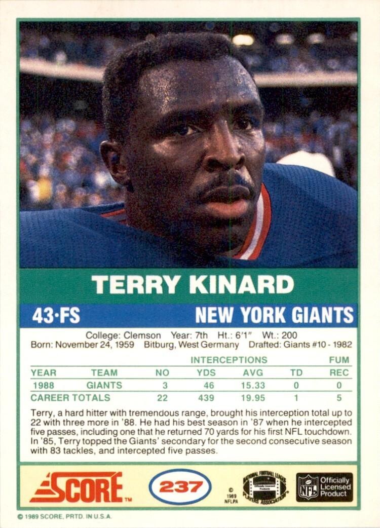1989 SCORE TERRY KINARD NEW YORK GIANTS #237