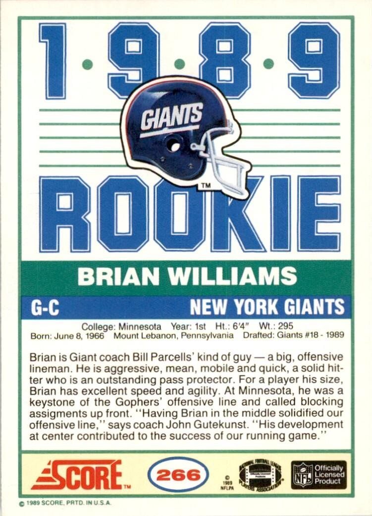 1989 SCORE BRIAN WILLIAMS ROOKIE NEW YORK GIANTS #266