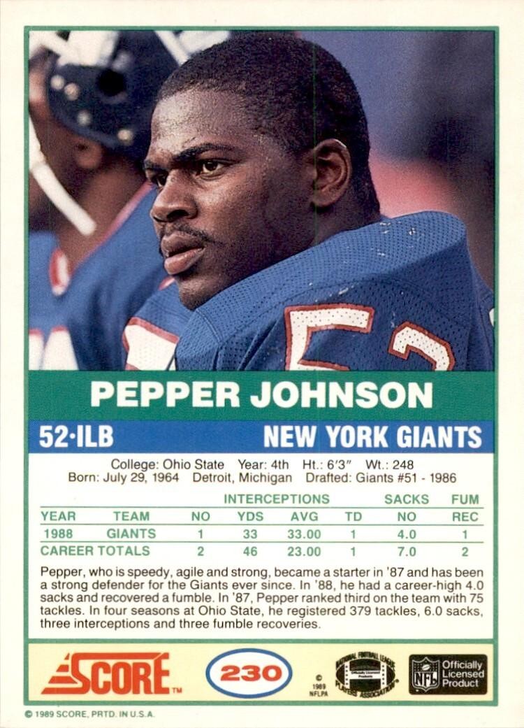 1989 SCORE PEPPER JOHNSON NEW YORK GIANTS #230