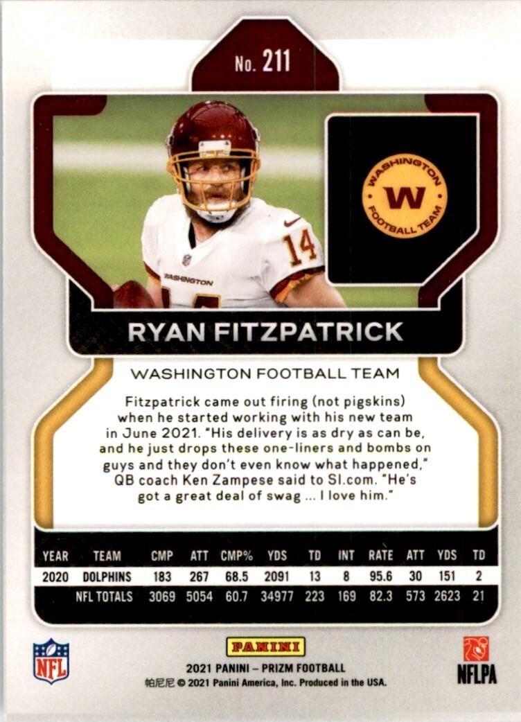 2021 PANINI PRIZM RYAN FITZPATRICK WASHINGTON FOOTBALL TEAM #211
