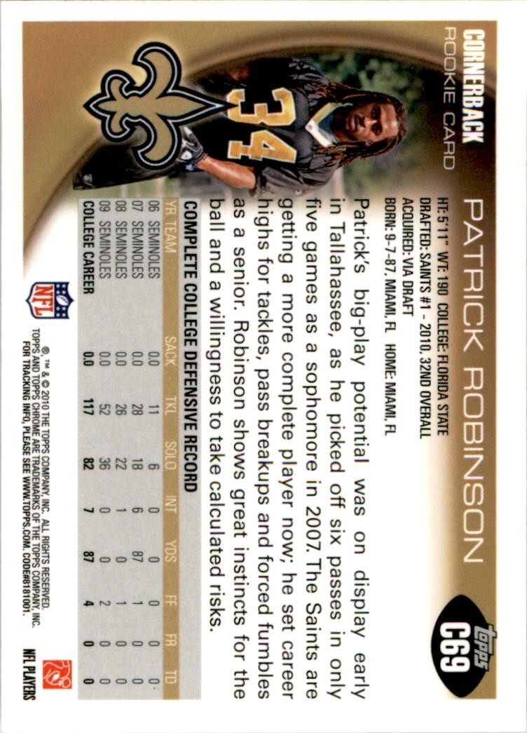2010 TOPPS CHROME PATRICK ROBINSON NEW ORLEANS SAINTS #C69