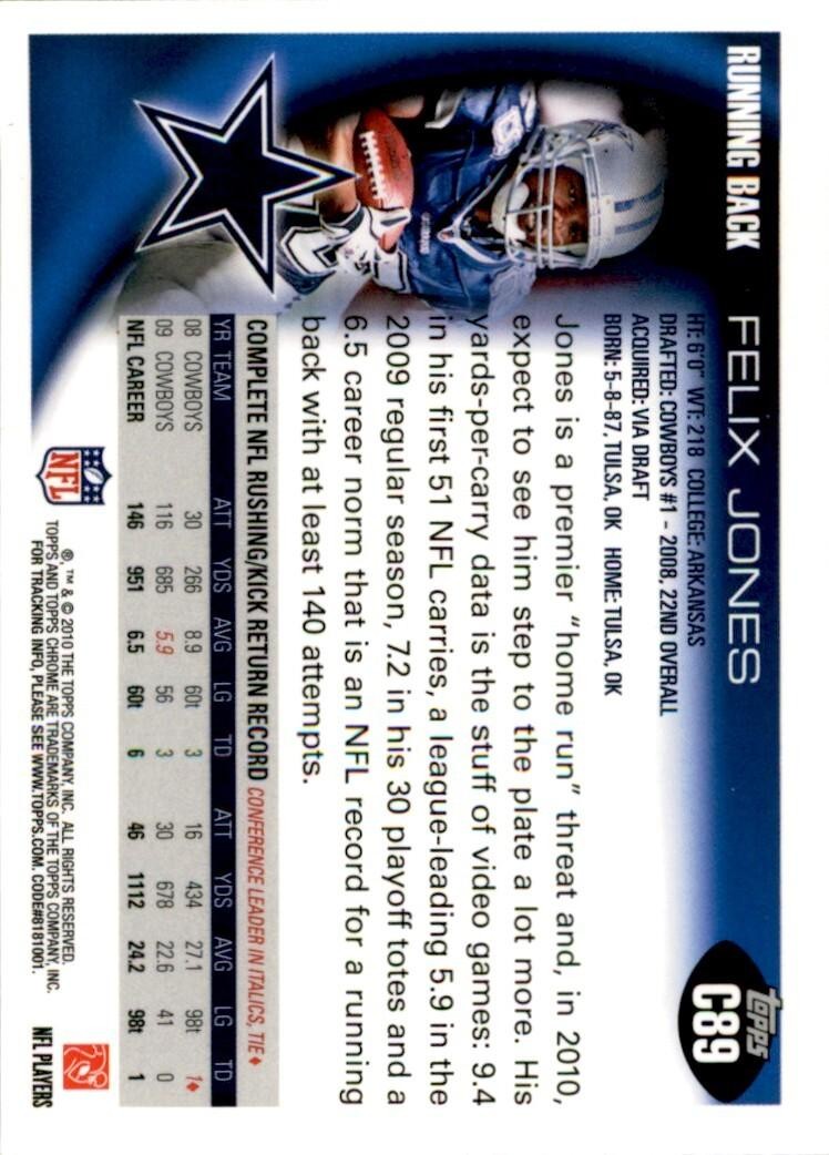 2010 TOPPS CHROME FELIX JONES DALLAS COWBOYS #C89
