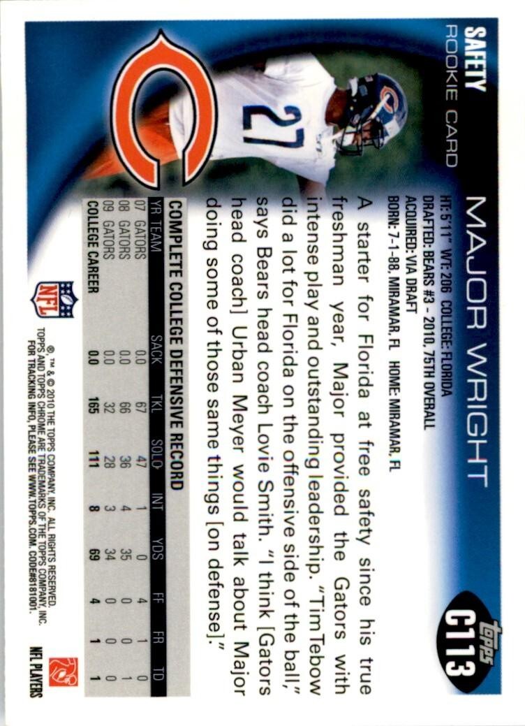 2010 TOPPS CHROME MAJOR WRIGHT CHICAGO BEARS #C113