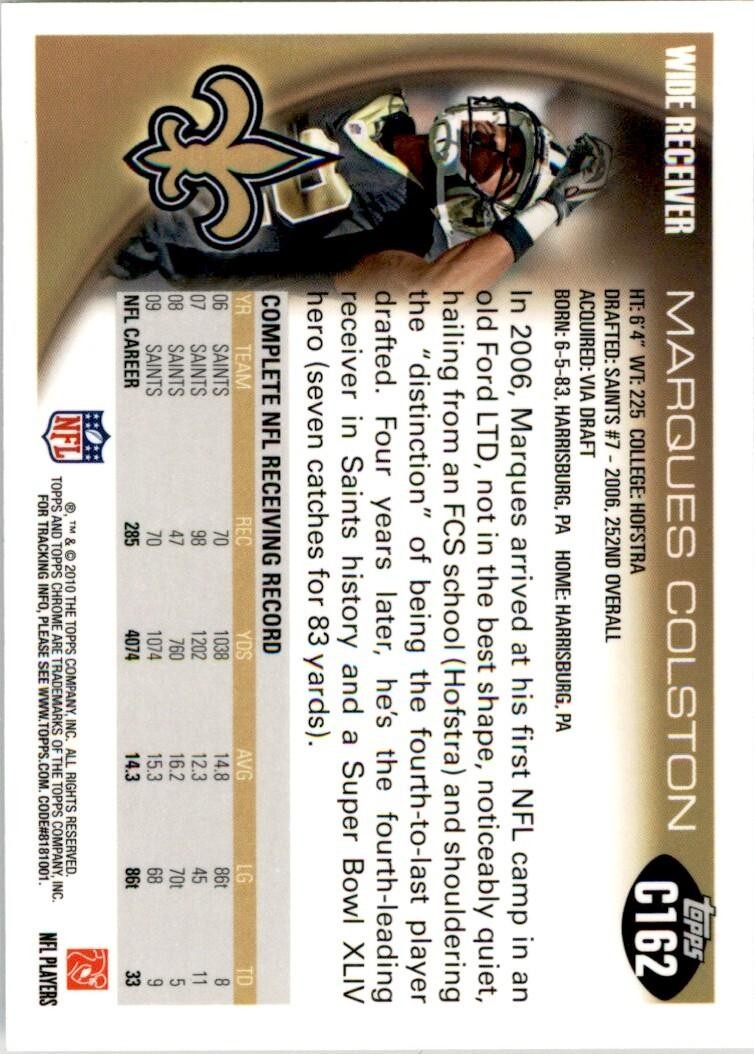 2010 TOPPS CHROME MARQUES COLSTON NEW ORLEANS SAINTS #C162