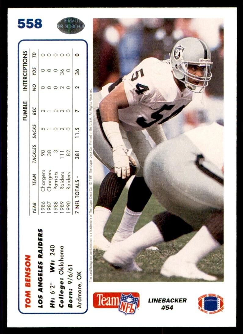 1991 UPPER DECK HIGH # SERIESS TOM BENSON LOS ANGELES RAIDERS #558