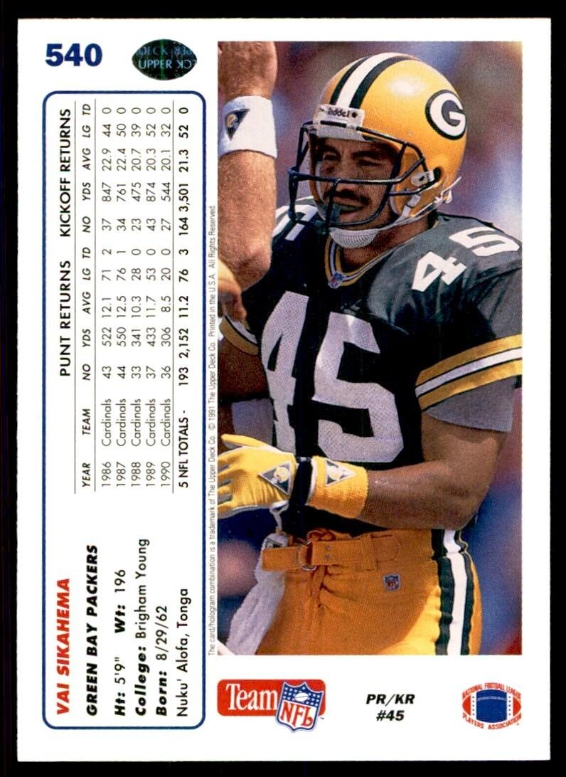 1991 Upper Deck High # Series Vai Sikahema Green Bay Packers #540