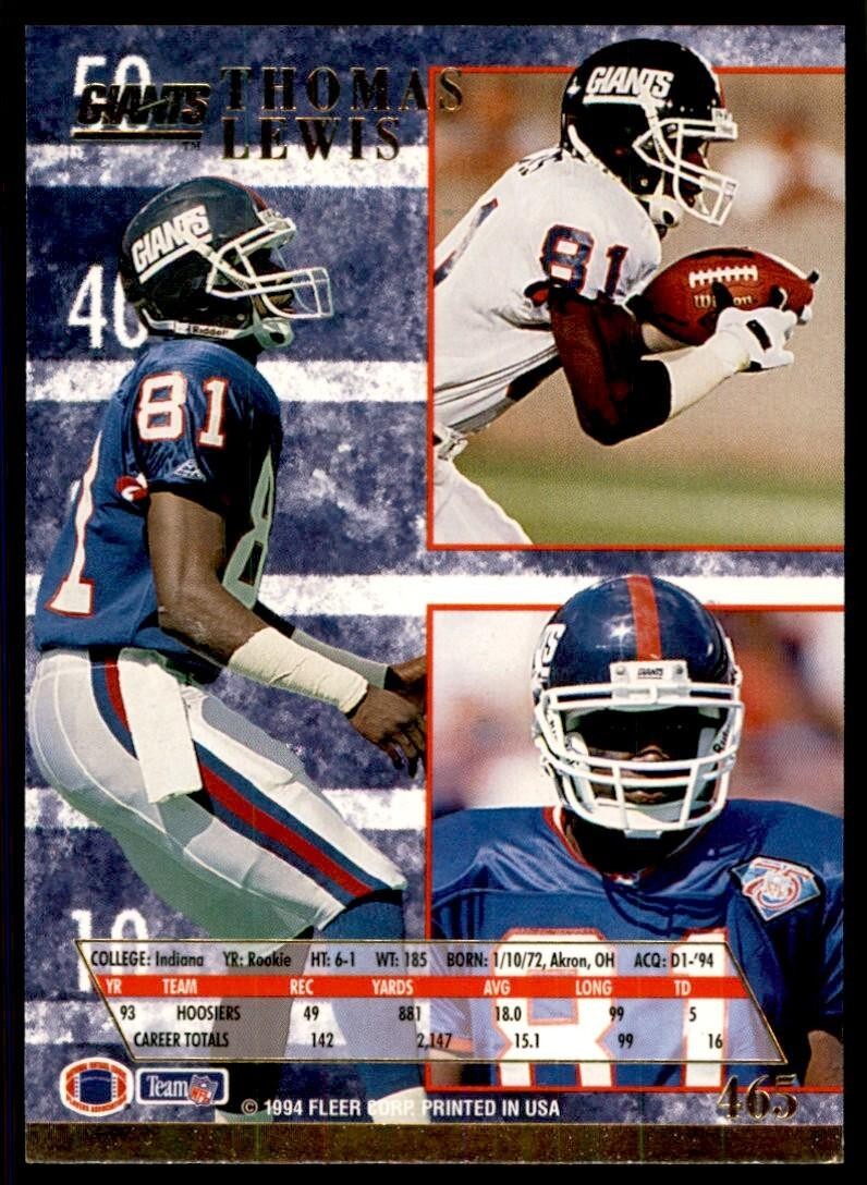 1994 FLEER ULTRA THOMAS LEWIS ROOKIE NEW YORK GIANTS #465