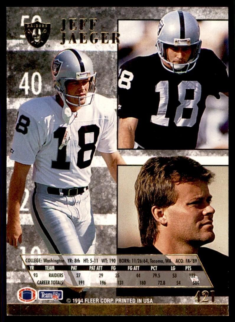 1994 FLEER ULTRA JEFF JAEGER LOS ANGELES RAIDERS #421