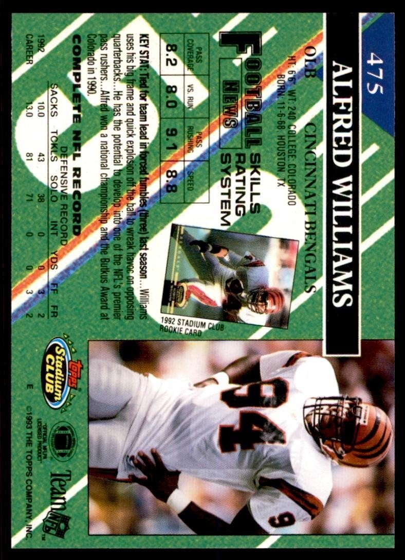 1993 STADIUM CLUB ALFRED WILLIAMS CINCINNATI BENGALS #475