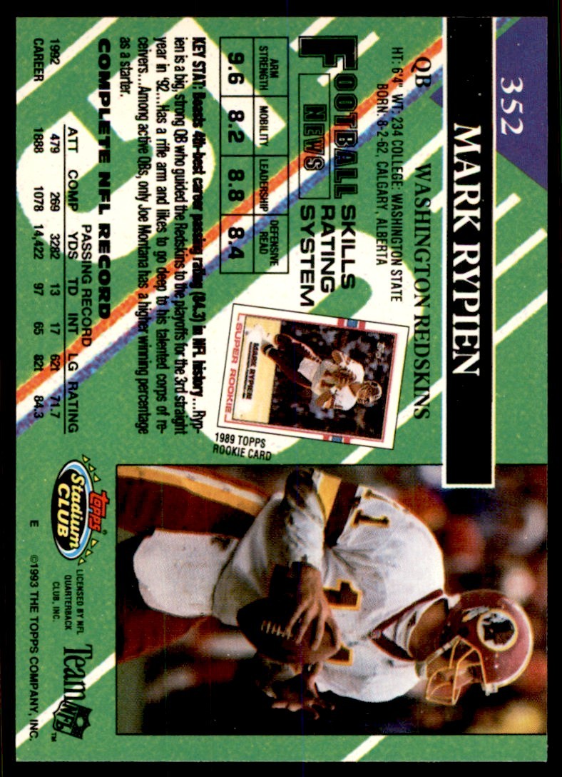 1993 STADIUM CLUB MARK RYPIEN WASHINGTON REDSKINS #352