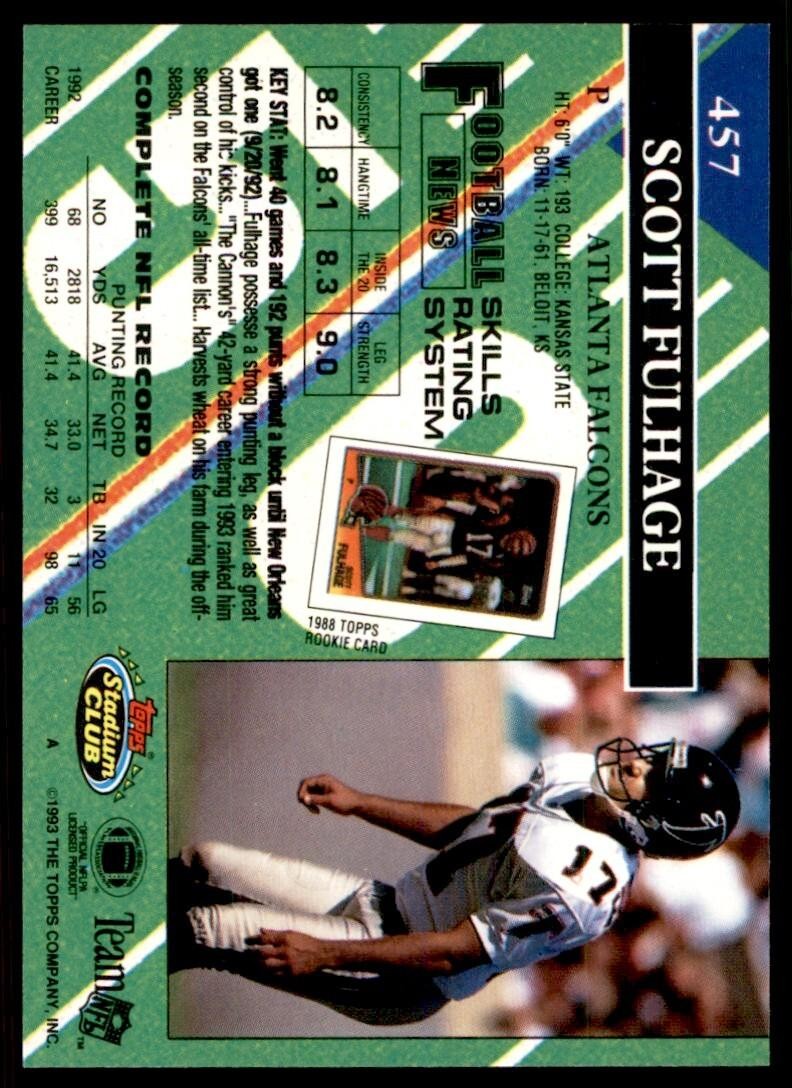 1993 STADIUM CLUB SCOTT FULHAGE ATLANTA FALCONS #457