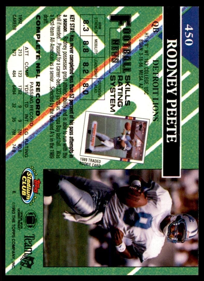 1993 STADIUM CLUB RODNEY PEETE DETROIT LIONS #450