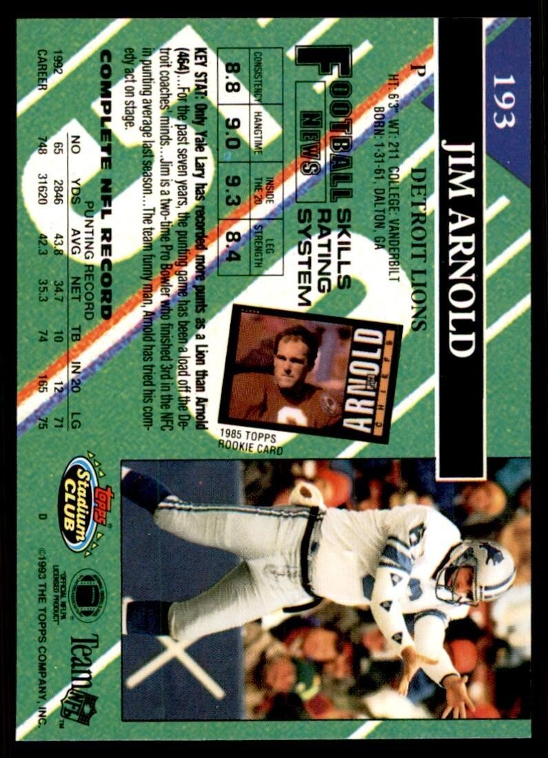 1993 STADIUM CLUB JIM ARNOLD DETROIT LIONS #193