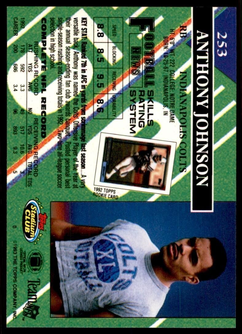 1993 STADIUM CLUB ANTHONY JOHNSON INDIANAPOLIS COLTS #253