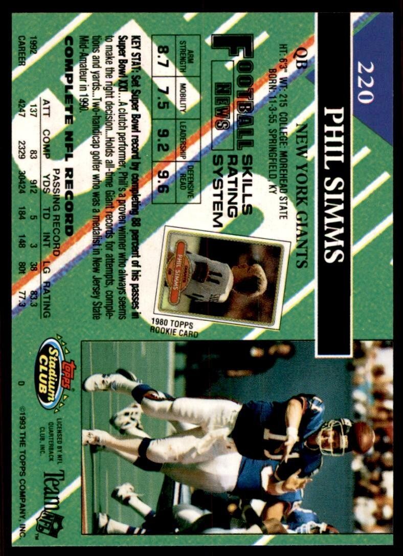1993 STADIUM CLUB PHIL SIMMS NEW YORK GIANTS #220
