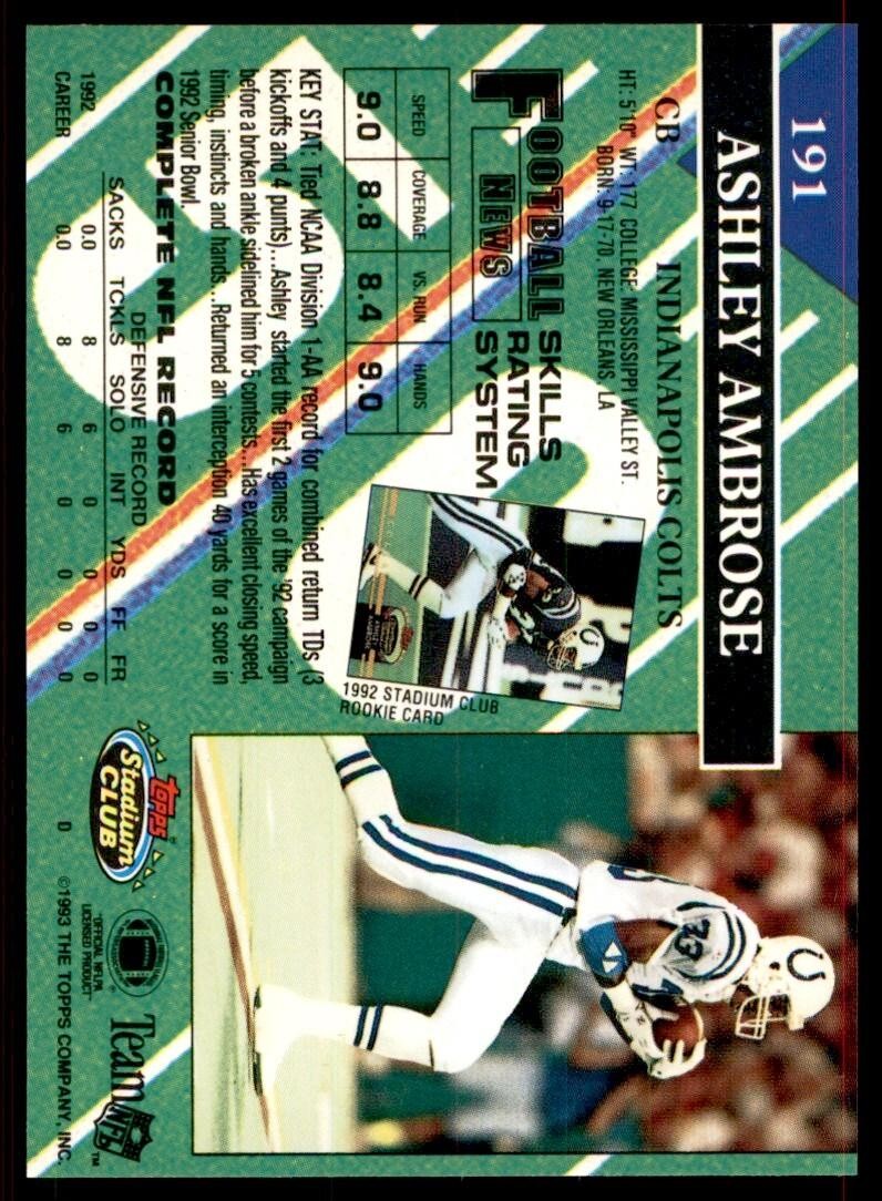 1993 STADIUM CLUB. ASHLEY AMBROSE INDIANAPOLIS COLTS #191