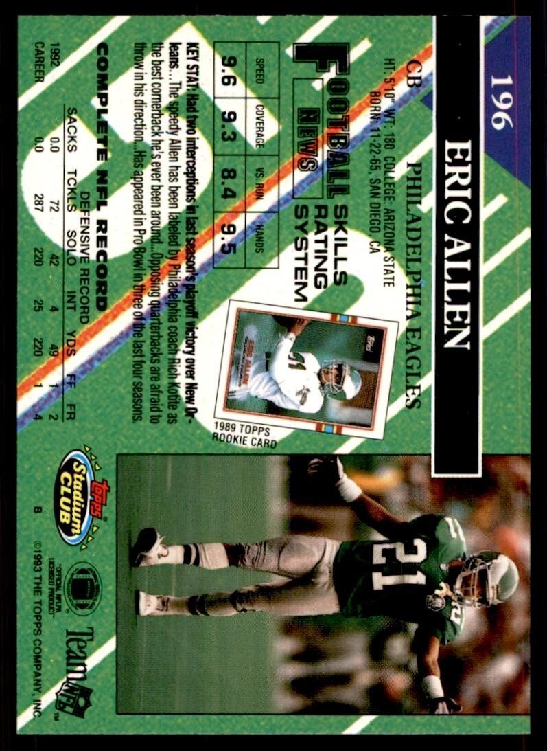 1993 STADIUM CLUB. ERIC ALLEN PHILADELPHIA EAGLES #196