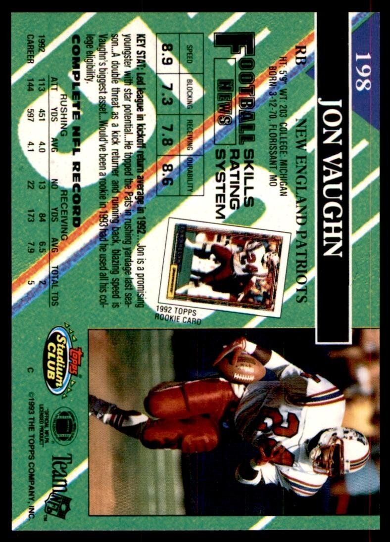 1993 STADIUM CLUB. JON VAUGHN NEW ENGLAND PATRIOTS #198