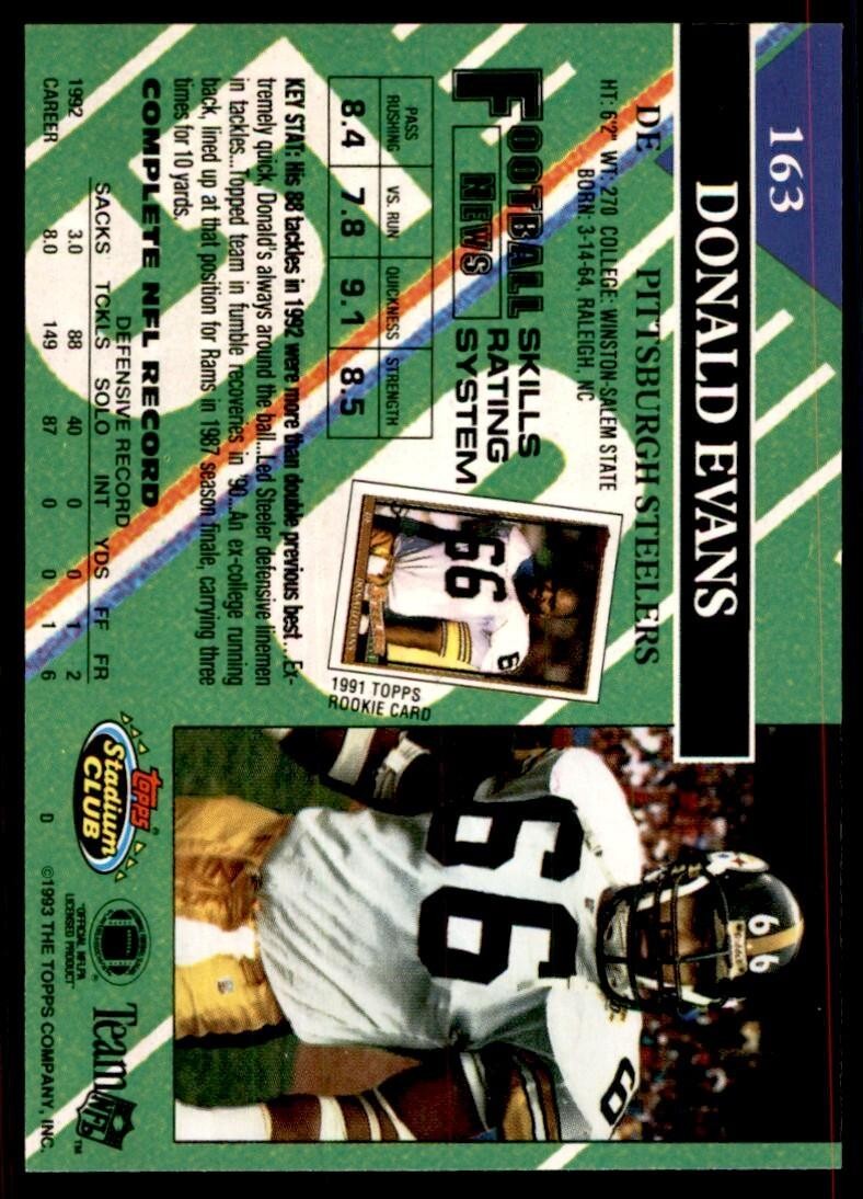 1993 STADIUM CLUB. DONALD EVANS PITTSBURGH STEELERS #163