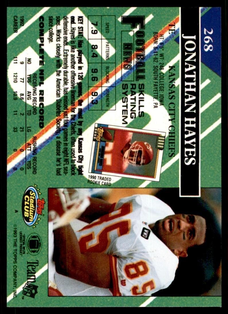 1993 STADIUM CLUB. JONATHAN HAYES KANSAS CITY CHIEFS #268